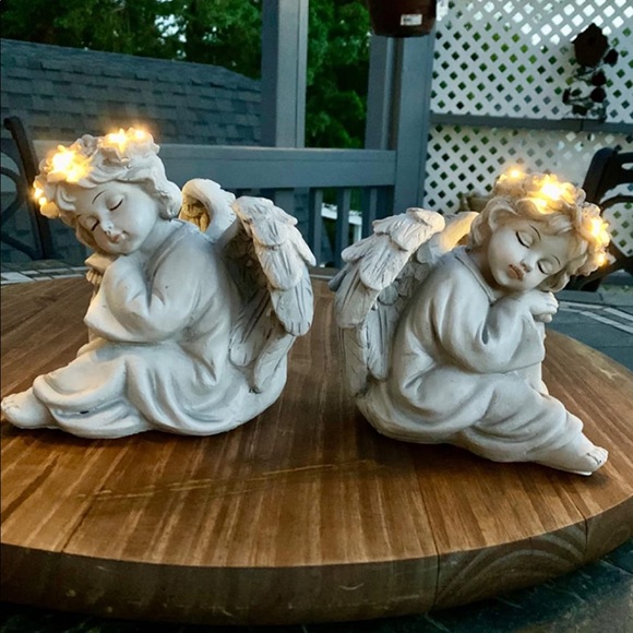 NEW Happy Compost Garden Angel Cherub Statue Figurines Solar Light Halo Set of 2 - Picture 8 of 9
